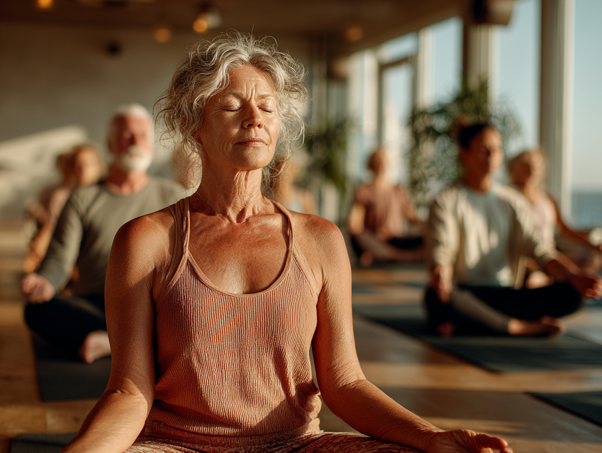 Група людей виконує базові вправи йоги